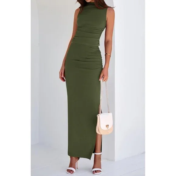 Women's Army Green Two Piece Sets Going Mock Neck Sleeveles Knit Tops Maxi Skirt - Picture 6 of 6